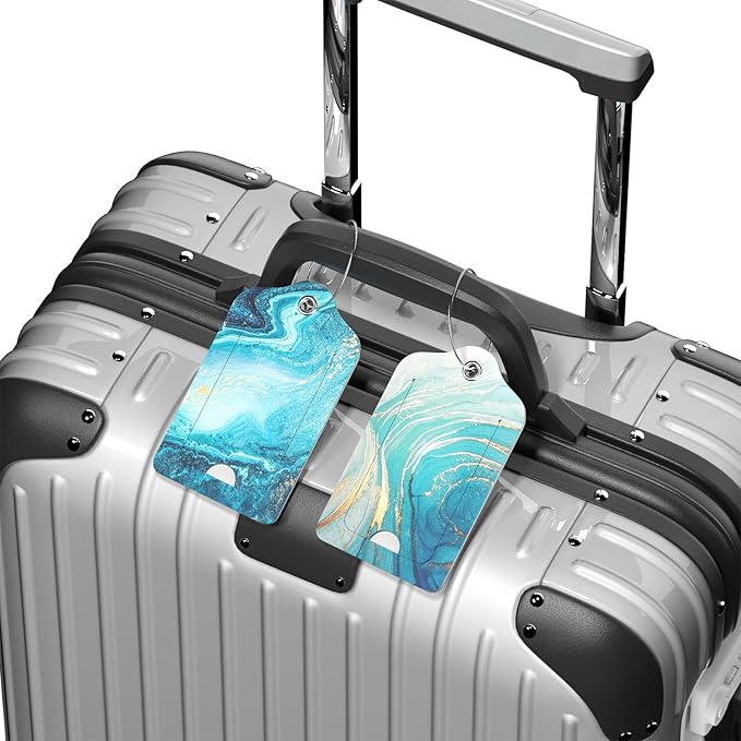 2 Pack PU Leather Luggage Tags for Suitcase, Travel Cruise Luggage Tag with Privacy Flap, Name ID Label and Metal Loop for Women Men Baggage Handbag School Bag Backpack, Blue Ocean Marble