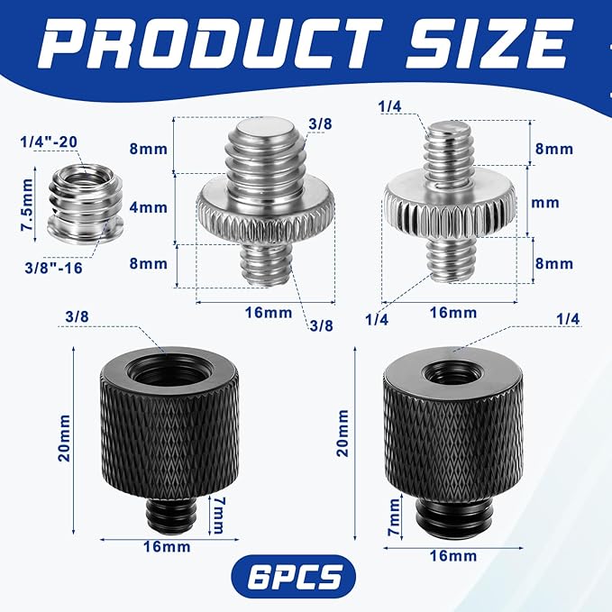 Tripod Screw Adapter 6 Pcs Aluminum Threaded Converter 1/4 Male to 3/8 Female and 3/8 Male to 1/4 Female for Tripod Camera Monitor Mic Stand Light Stand