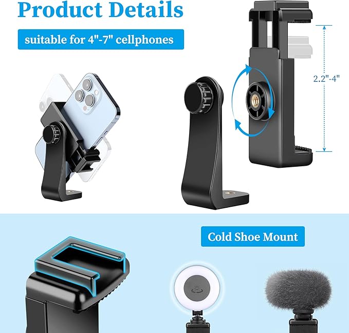 Universal Cell Phone Tripod Mount with 13.7" Aluminum Gooseneck and Cold Shoe Adapter, Compatible with iPhone15 14 13 12 11 Android Smartphones