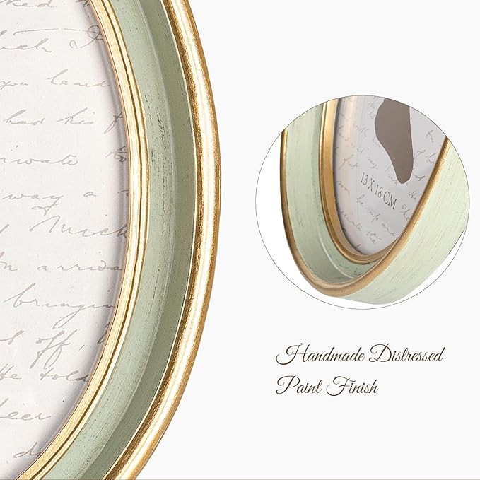 AELS 5x7 Inch Vintage Picture Frame, Elegant Antique Photo Frames with Glass Front, Photo Display, Tabletop Wall Hanging, Gift Ideas, Oval Sage Green with Gold Trim