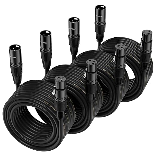 XLR Cable 25 Ft 4 Packs,Microphone Cables,Premium Balanced Microphone Mic Speaker Cable with 3-Pin XLR Male to Female DMX Cable,Black