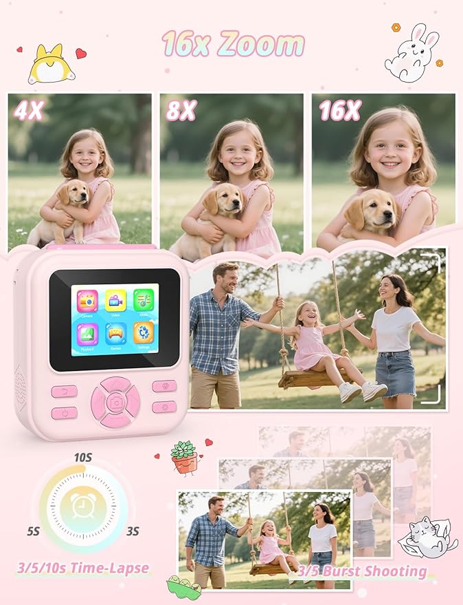 Kids Camera Instant Print, 1080P HD Digital Video Kids Instant Camera for Girl Boys, Toddler Toys for Children Age 3-12 with 3 Rolls Print Paper & 32G Card (Pink)