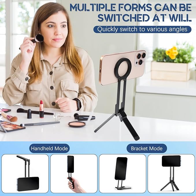 Magnetic Phone Tripod Stand, Foldable Magnetic Pocket Phone Tripod, Aluminum Alloy Mini Portable Cell Phone Stand Magnet Quick Mount,Suitable for Daily Shooting (Black)