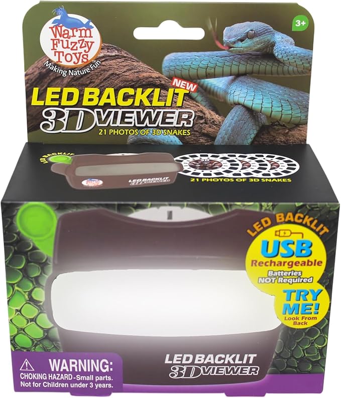WARM FUZZY Toys LED Backlit 3D Viewer – (Snake) – New 2025 USB-C Rechargeable Slide Viewer for Kids & Adults Includes 3 Reels with 21 HD 3D Images – Patent-Pending Retro Toy, No Light Source Needed