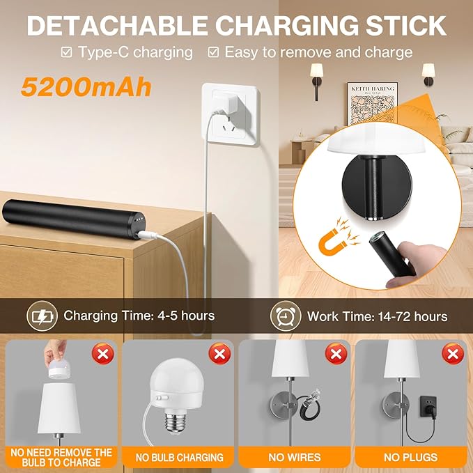 Battery Operated Wall Sconce Set of 2, 5200mAh RGB Wireless Wall Lights with Detachable Charging Stick & Dimmable Bulbs, 12 Colors Rechargeable Wall Lamps for Bedroom Living Room Hallway Decor, Black