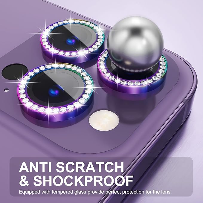 Choiche Compatible for iPhone 14 Pro/iPhone 14 Pro Max Camera Lens Protector Bling, 9H Tempered Glass Camera Cover Screen Protector Metal Ring Decoration Accessories (Diamond-Colorful)