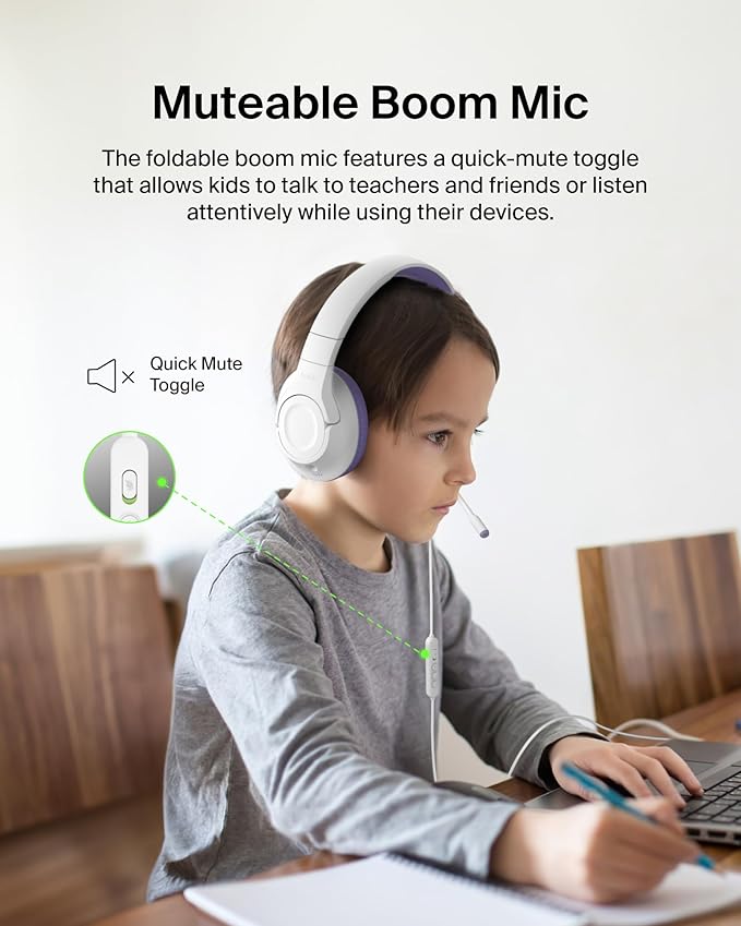 Belkin SoundForm Inspire Wired Over-Ear Headset for Kids, Online Learning & Travel w/Built-in Boom Mic, 85dB Safe Volume Limit - USB-C & 3.5mm - Compatible w/iPhone, iPad, Galaxy & More - Lavender
