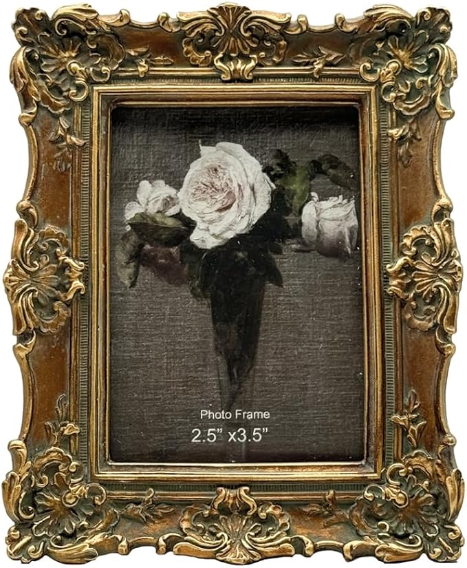 CISOO 2.5x3.5 Vintage Small Picture Frame, Antique Ornate Bronze Gold Wallet Size Photo Frame, for Table Top and Wall Display, Decorative Floral Design Retro Home Decor, Photo Gallery Art