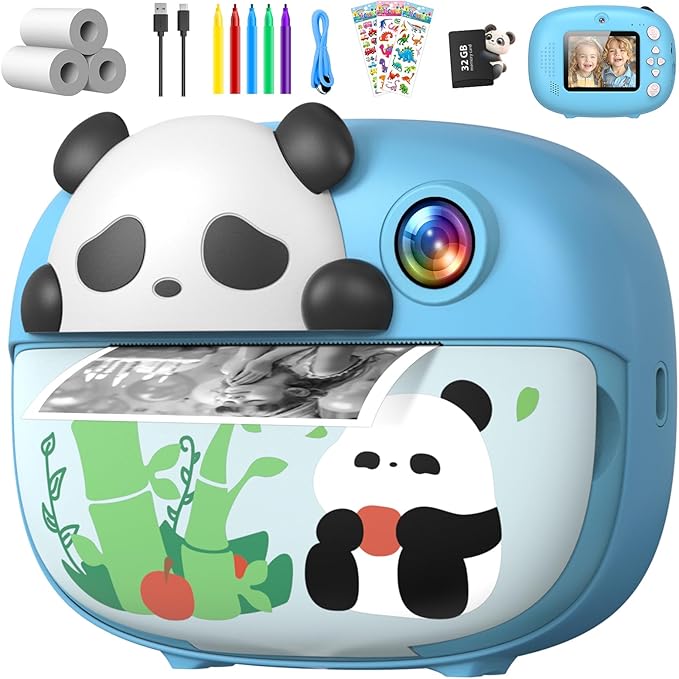 Panda Kids Camera Instant Print Photo with 32G Card, 1080P HD Video Instant Cameras Age 3-12, Digital Toddler Camera Toys with Color Pens for DIY 3-12 Year Old Girls Boys Gifts Birthday, Blue