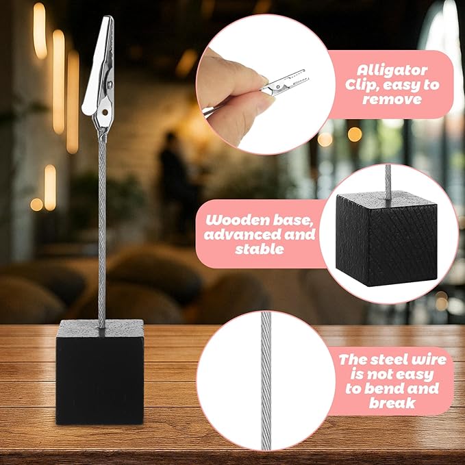 WOPPLXY 50 Pcs Place Card Holder Cube Photo Clips Holder with Alligator Clip, 4.7 x 1 Inch Table Number Holders Cube Base Memo Clips Holders for Displaying Pictures Number Card Wedding Party (Black)