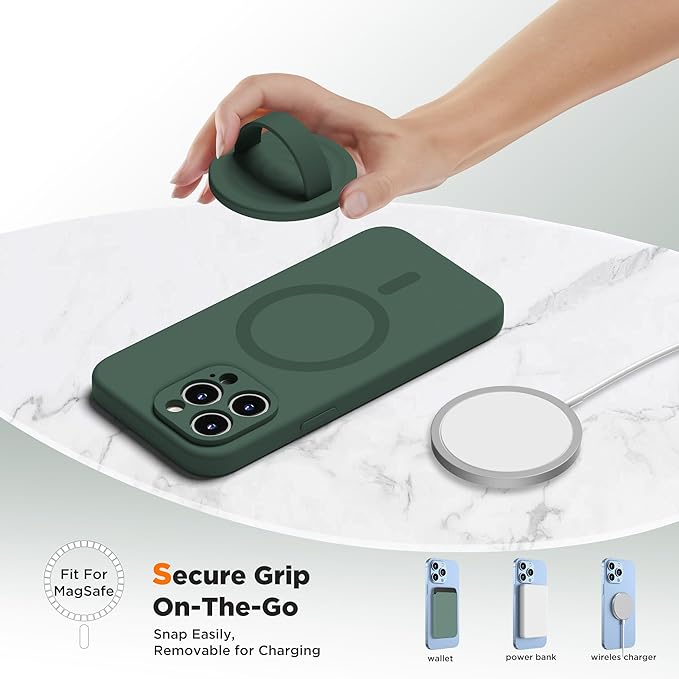 Upgraded Magnetic Phone Grip, Liquid Silicone Soft and Portable, Removable Finger Loop Ring Grip Holder for iPhone, Strong Magnetic Attraction, Compatible with MagSafe Phone Case, Alpine Green