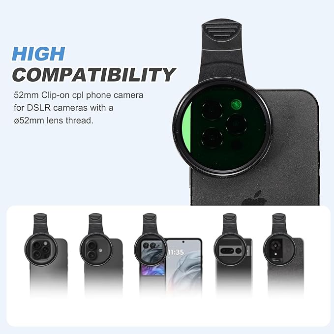 PATIKIL 52mm Phone Camera Lens, Clip-On Full Color Filter Circular Polarizing Lens for Most Smart Phones and DSLR Cameras, Green