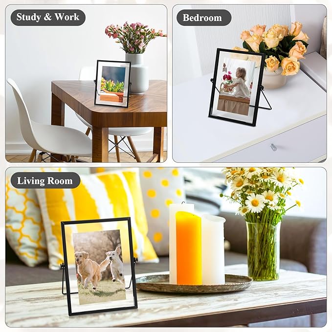 Hoteam 12 Pack 6 x 8 Inch Black Floating Frame for Photo 4 x 6 Inch, Glass Floating Picture Frame Collection Vintage Metal Minimal Ornate Easel for Wedding Gift Pictures Photos Desk Tabletop Display