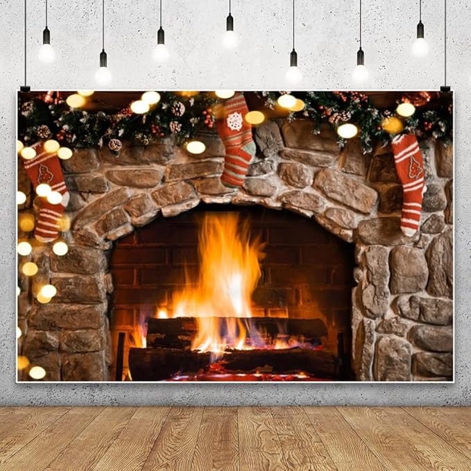 CSFOTO 10x8ft Vintage Brown Brick Wall Burning Fireplace Background Gold Glitter Sequins Country Farm Christmas Living Room Decoration Background Winter House Photo Studio Props