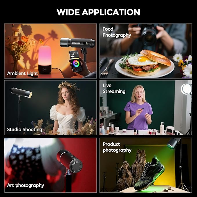 PHOTOOLEX PRO 12W Portable RGB Photography Spotlight, 360 ° Full Color Photography Flashlight Gobo Light, Conical Optical Snoot Kit with 20 Metal Filters/9000mAh/3 Lens/CRI 96+/12 Effects, APP Control