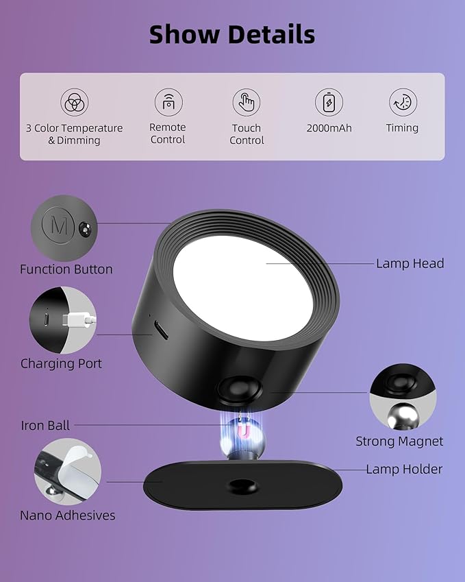 Wall Mounted Lights, 3 Pack Rechargeable RGB Color Changing Light, 3 Color Temps & Remote and Touch, 360°Rotation Dimmable Cordless for Study Bedroom Reading Bedside (Black)
