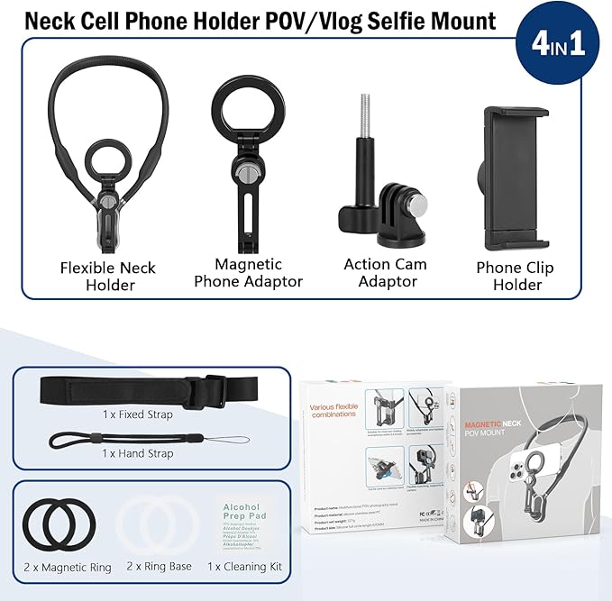 Magnetic Neck Phone Holder, 4 in 1 Neck Mount for Phones Action Camera Gopro, Hand Free Cell Phone Neck Holder for Recording POV/Vlog Video Selfie, Neck Tripod for iPhone, GoPro, Android Phones Black