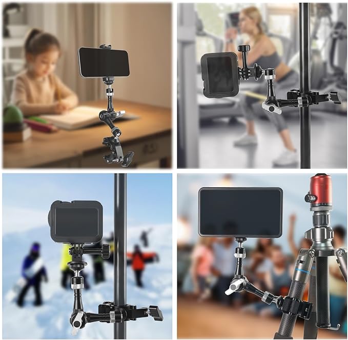 FIFIELD CNC Machined 7" Articulating Magic Arm Clamp Mount with Super Clamp, 360° Dual Ball Head & 1/4" ARRI Locating Pin&Holes, Camera Monitor Mount for Camera, Phone, LED Light, Phone,7" w/Clamp