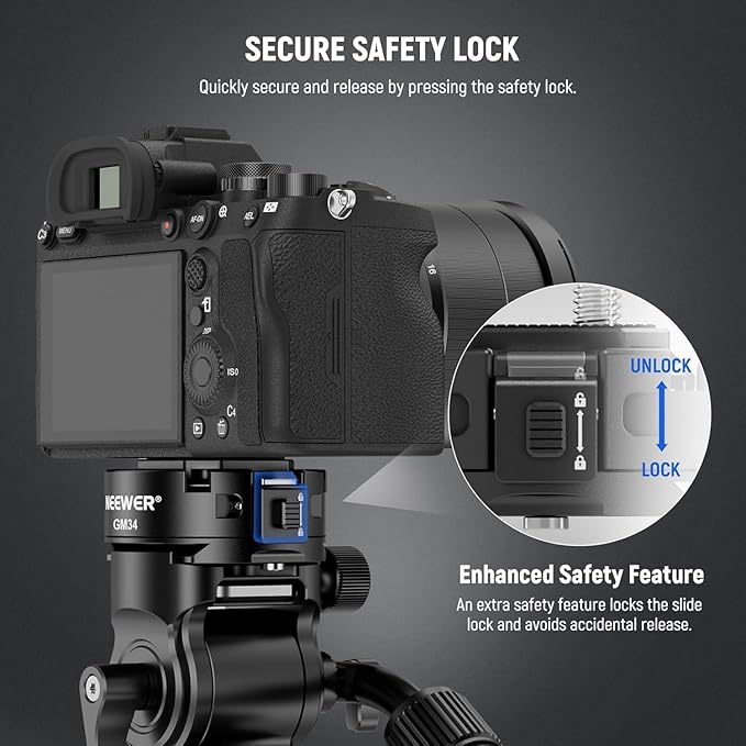 NEEWER GM34 Camera Quick Release Plate Kit, Quick Switch Auto Lock Square QR Mount Plate with Arca Type Clamp Base, Compatible with Arca Swiss Camera Clip, Max Load 11lb/5kg