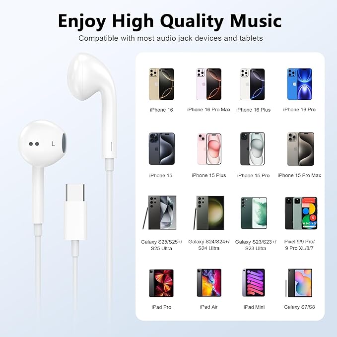 USB C Headphones Wired for iPhone 17 16 15, 2 Pack Type C Earphones with Microphone & Remote Control Noise Cancelling Wired Earbuds Compatible for iPhone 17/17 Pro/17 Pro Max/Air/16/15/16 15 Pro Max