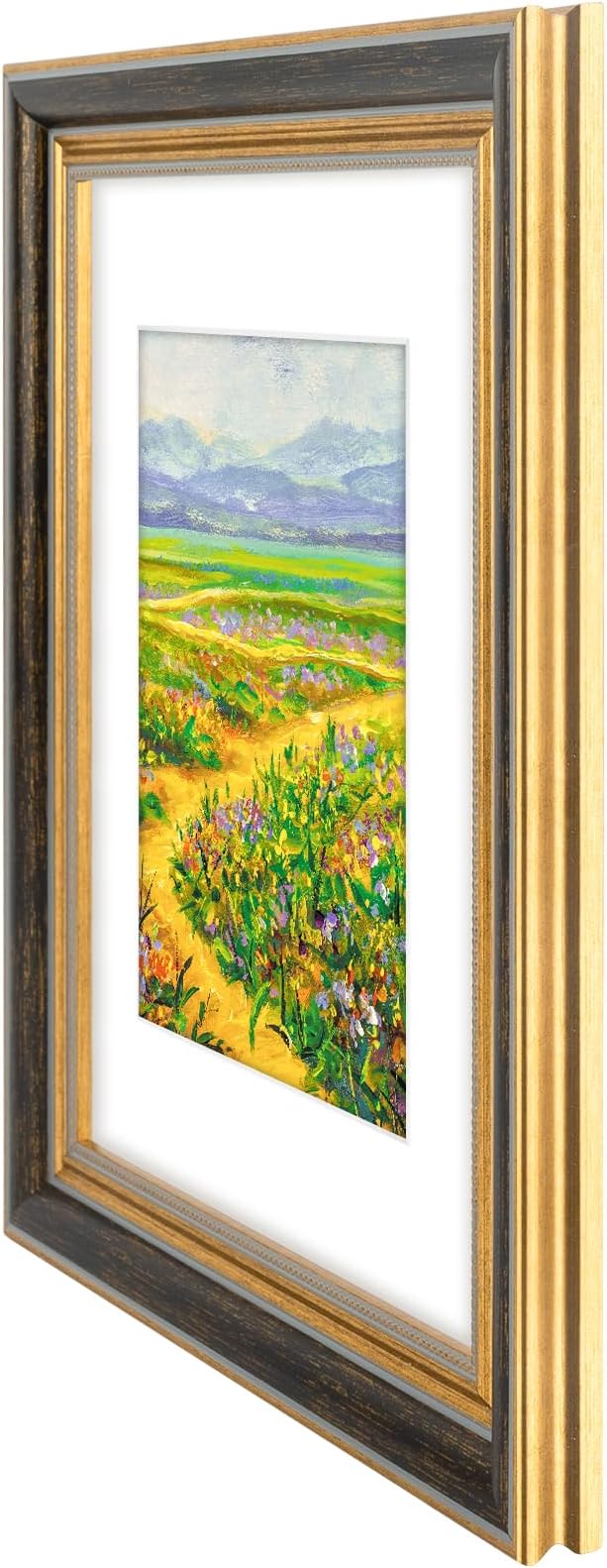 Golden State Art,9x12 Ornate Picture Frame for 6x8 Photo with Mat or 9 x 12 Prints without Mat, Real Glass Wall Display Horizontally or Vertically (Color:Black Gold)