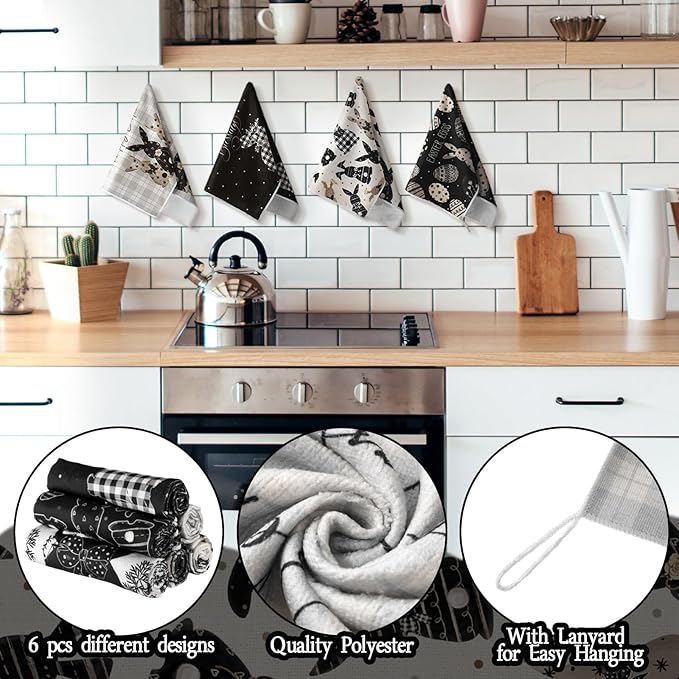 Preboun 6 Pcs Easter Eggs Kitchen Towels Retro Bunny Dish Hand Towels Black White Plaid Easter Themed Dish Cloth House Decorative Farmhouse Tea Cloth Absorbent for Home Kitchen Bathroom Decor