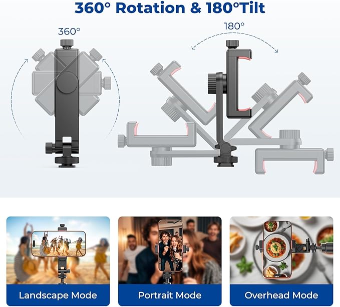 Phone Tripod Mount with Remote Controller, New Universal Smartphone Mount Adapter with Cold Shoe, 360° Rotates Cell Phone Clip Clamp Holder, Compatible with iPhone, Samsung and All Phones