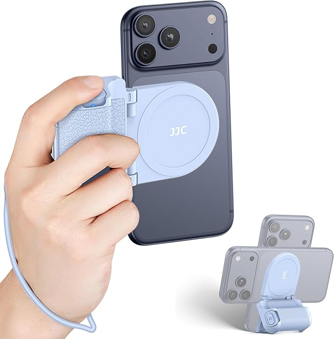 Magnetic Smartphone Shooting Holder Hand Grip Handle Snap On Phone Stand with Tripod Mount & Wireless Shutter Remote for iPhone 17 Air 16 15 14 13 12 Pro Max Android Vlog Video Photography -Light Blue