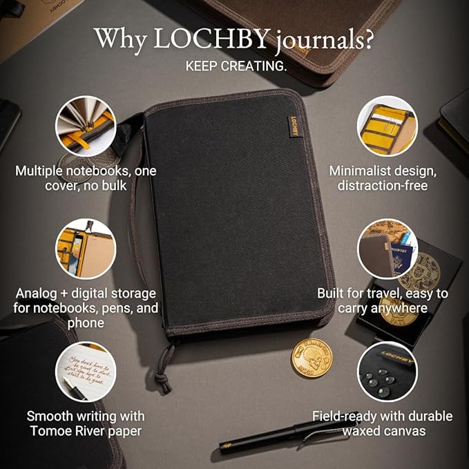 LOCHBY® Field Folio A5 | Zipper Journal Notebook Cover | Water Resistant Waxed Canvas | Included Tomoe River Notebook | Perfect for Travel, Art, Bullet Journal