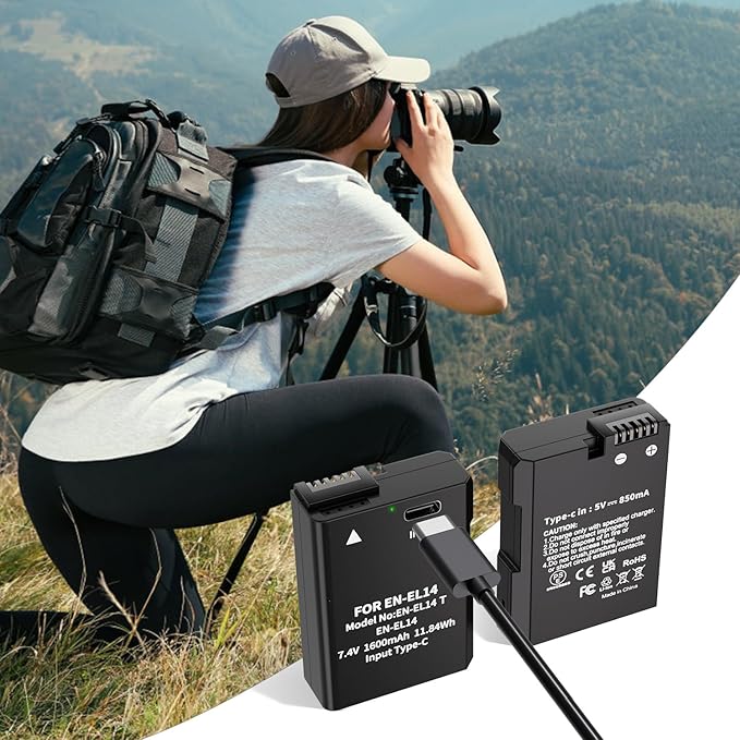 LP EN-EL14 EN-EL14a Battery 1600mAh 2-Pack with USB-C Fast Charging Cable for Nikon D3100 D3200 D3300 D3400 D3500 D5100 D5200 D5300 D5500 D5600 DF Coolpix P7000 P7100 P7700 P7800 Cameras