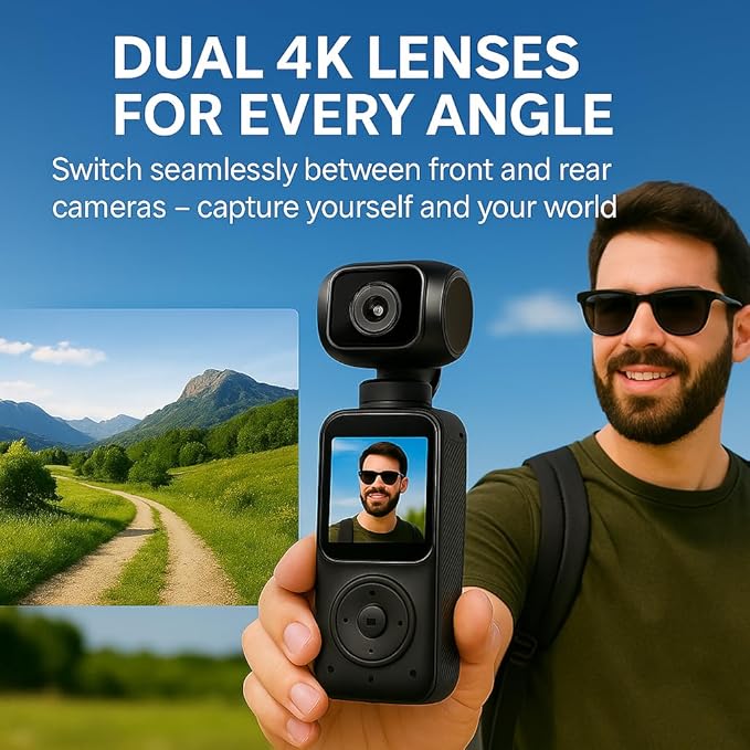 Acuvar 4K Pocket Vlogging Camera with Dual Front & Rear Cameras, 3-Axis Gimbal Stabilizer, Handheld Portable Video Camera with WiFi, Split-Screen LCD, Face Tracking, 270° Rotation & 64GB SD Card