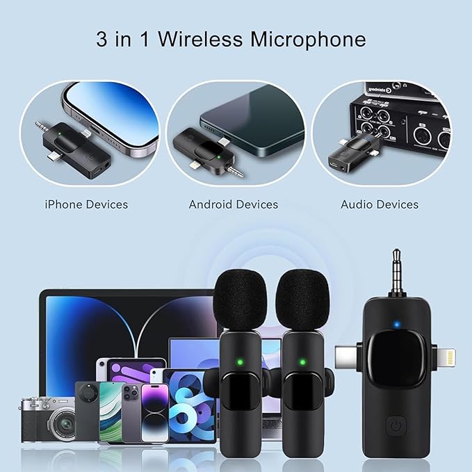Mini Microphone, 3 in 1 Wireless Microphone for iPhone, iPad, Android, Camera, Professional Wireless Lavalier Lapel Mics for Recording, YouTube, TikTok