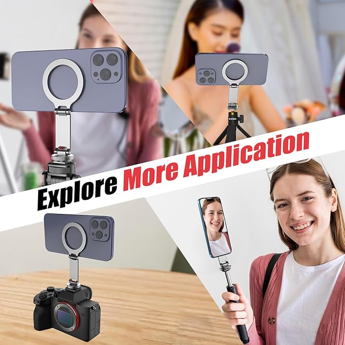 Magnetic Phone Tripod Clamp, Aluminum Magnetic Cold Shoe Camera Mount Compatible for iPhone 17/16/15/14/13 Pro Max, MAG Adapter Holder with 1/4" Screw for Photography