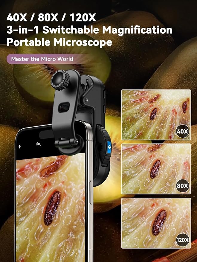 MIAO LAB Phone Microscope, 40x/80x/120x 3-in-1 Switchable Magnification Portable Microscope with LED UV Light CPL Lens for iPhone & Android Phone Zoom Lens Attachment for Plants/Coins/Jewelry