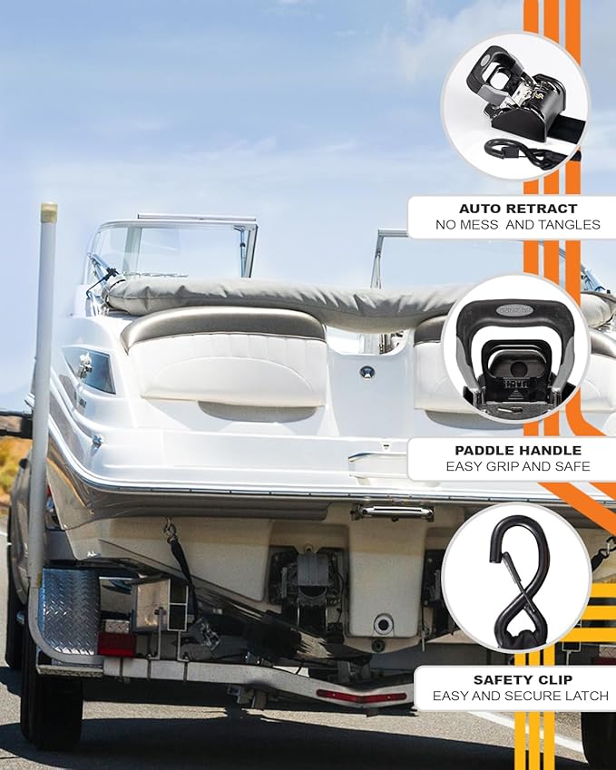 Strapinno 2PCS Stainless Steel Retractable Ratchet Straps (1 7/8 in x 4 ft) Heavy Duty Transom Tie-Downs with Extension Straps, Bolt Set & Safety Latch S-Hooks,for Boat,Break Strength 1,650LBS/750KG