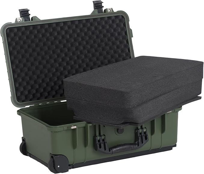 MEIJIA All Weather Rolling Waterproof Protective Case, Hard Camera Case,Dry Case with Retractable Pull Handle and Wheels,Foam Inserted,22 x13.81x9inches (Green)