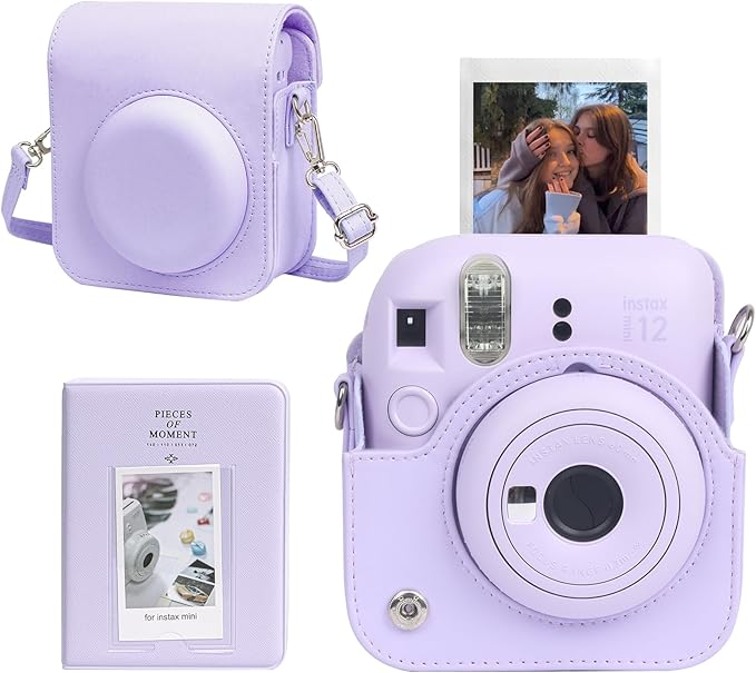 CAIYOULE Camera Case for Fujifilm Instax Mini 12 Instant Film Camera, PU Leather Protective Camera Crossbody Bag for Fuji Mini 12 with Photo Album, Adjustable Shoulder Strap, Lilac Purple-No Camera