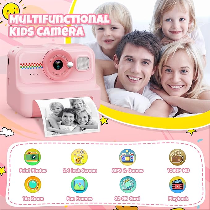 HiMont Kids Camera Instant Print, 1080P HD Instant Print Camera for Kids with 3 Rolls Print Paper & 32GB Card, Selfie Digital Camera for Kid, Ideal Kid Toys Gifts for Boys & Girls Age 3-14 (Pink)