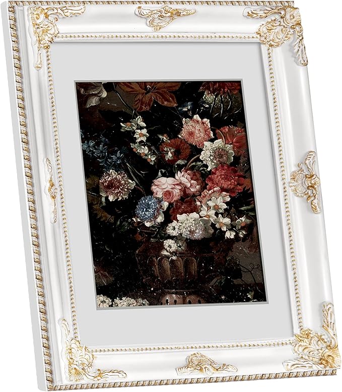 Gothic White 11x14 Vintage Picture Frame with Mat for 8x10 or 11 x 14 Photos, Real Glass, Ornate Victorian Baroque Frames for Wall Hanging