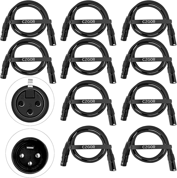 DMX Cable 3.9ft, 10 Pack, Flexible 3 Pin XLR Male to Female for Stage Lighting Signal Connection