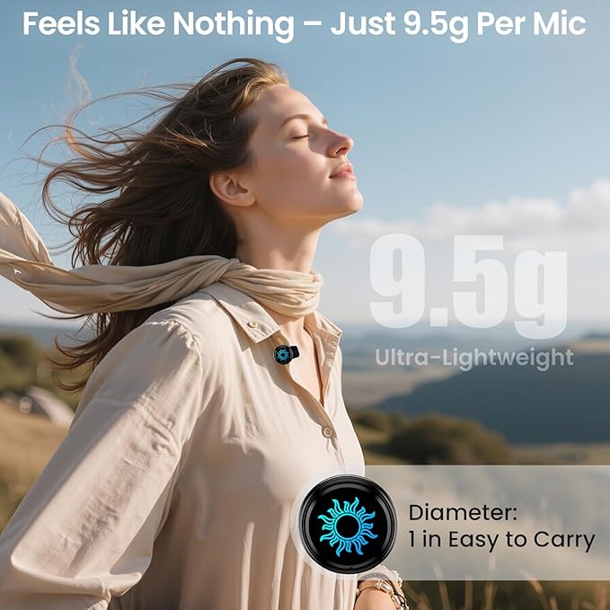 Magnetic Wireless Microphone for iPhone/Camera/Android, Ultralight 9.5g, 984ft Range, 48kHz/24bit, Noise Cancellation, 48H Battery for Video Recording, Streaming