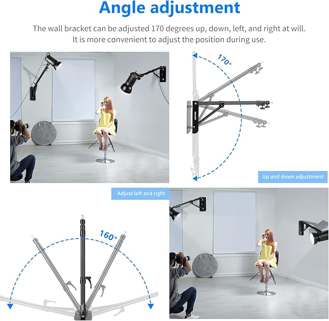 Neewer Wall Mounting Triangle Boom Arm for Ring Light, Monolight, Softbox, Reflector, Umbrella, and Photography Strobe Light, Support 180 Degree Rotation, Max Length 4.3 feet/130cm (Black)
