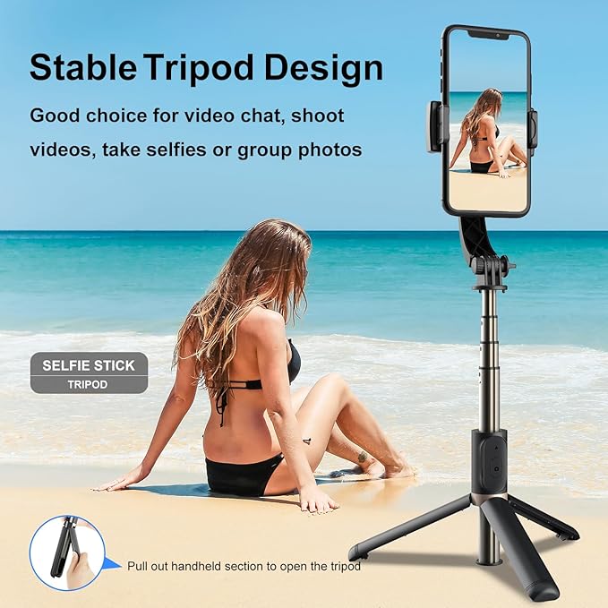 Selfie Stick Tripod with Gimbal Stabilizer for Phone, 360° Auto-Balance 1-Axis Rotation, Remote Control, Portable for Vlogging, TikTok, Group Selfies, Live Streaming