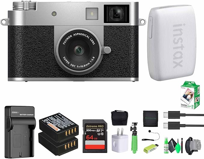 FUJIFILM X Half Premium Compact Digital Camera (Silver) Bundle with Fuji INSTAX MINI Link 3 Smartphone Printer (Clay White) + Instax Mini Film + Extra Battery + Charger + 64GB Memory Card + More