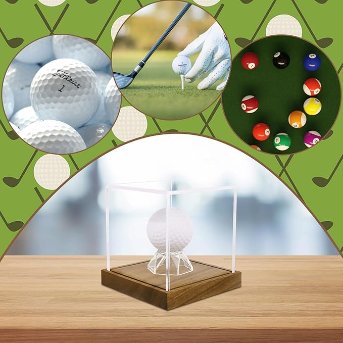Clear Acrylic Golf Ball Display Case with Wood Base & Acrylic Holder, Memorabilia Stand Cube Holder, Dust Protection Transparent Storage Box for Single Ball Souvenir Golfball Collections