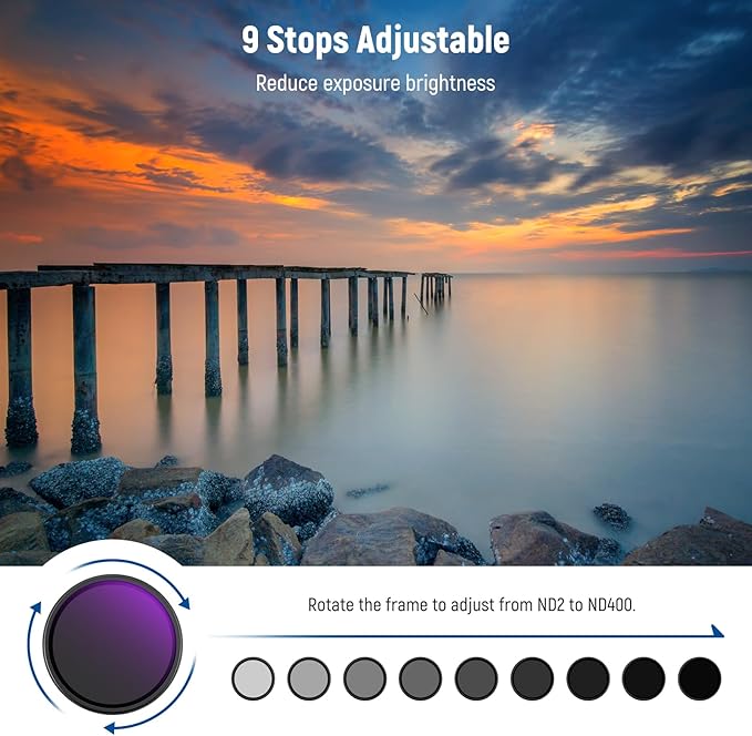 NEEWER 62mm ND2-400 (1-9 Stops) Variable ND Filter with Lens Cap, Lanyard, Cleaning Cloth, Precise Neutral Density Adjustment, Fingerprint & Scratch Resistant Multicoated Optical Glass