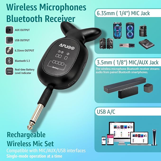 Rechargeable Wireless Microphones & Bluetooth Dual-Mics Receiver for Karaoke, Singing, Speech, DJ, 24H Battery, 200ft, RGB Light, Wireless Microphone Set for Mic/Aux/USB Port (Dual Mic, Black)