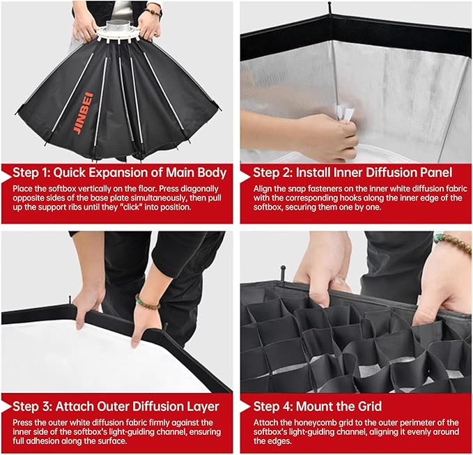 JINBEI 25.6"/65cm Deep Beauty Dish Softbox Quick Release Softbox with Diffusers/Honeycomb Grid/Bag Compatible with JINBEI EF80/EF80Bi and Other Bowens Mount Lights for Photography, Live Streaming