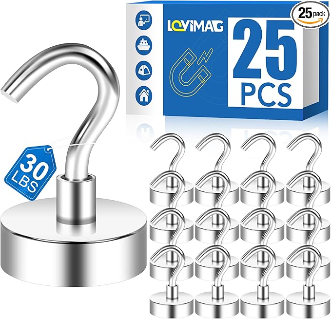 LOVIMAG Strong Magnetic Hooks, 30lbs Magnetic Hooks for Cruise Cabins, Magnet Hooks for Cruise Ship Essentials, Rare Earth Magnets with Hooks for Refrigerator,Hanging,Classroom,Kitchen,Ceiling-25 Pack