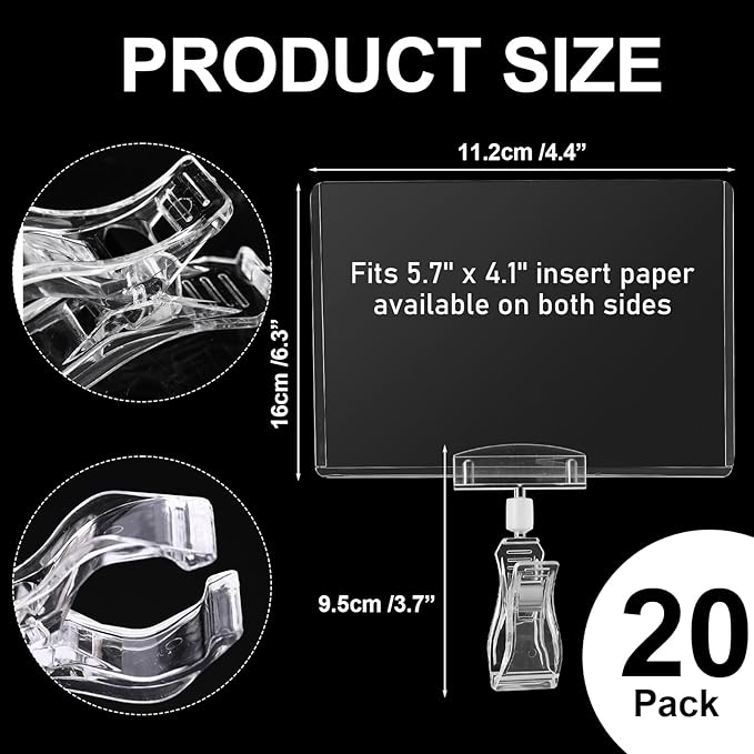 Epakh 20 Pieces Sign Clips Rotating Price Tag Clip Swivel Sign Holder for Handrails or Tubes with 20 Pieces Hard Card Sleeves PVC Card Protector for Shelves Store Supermarket(Sector Style)